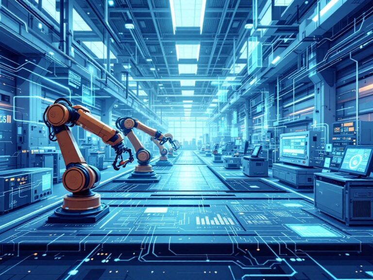 Moderne Fabrikhalle mit Robotearmen und digitaler Bodenstruktur sowie Technikstationen und Computern
