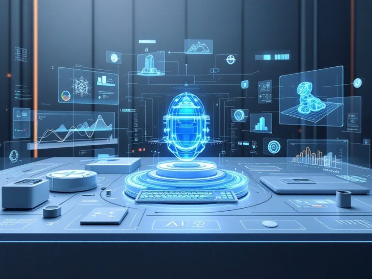 Futuristischer Arbeitsplatz mit holografischen Anzeigen, Roboterhand, Datenvisualisierungen und Technikgeräten wie Laptop un…