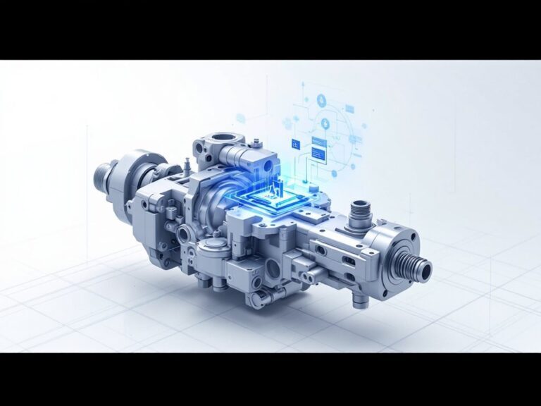 3D-Rendering eines technischen Aggregats mit digitaler Datenvisualisierung und Schaltkreisdarstellung