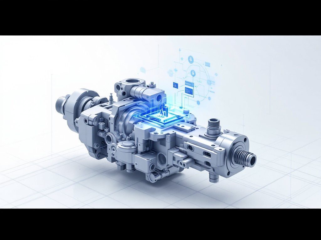 3D-Rendering eines technischen Aggregats mit digitaler Datenvisualisierung und Schaltkreisdarstellung